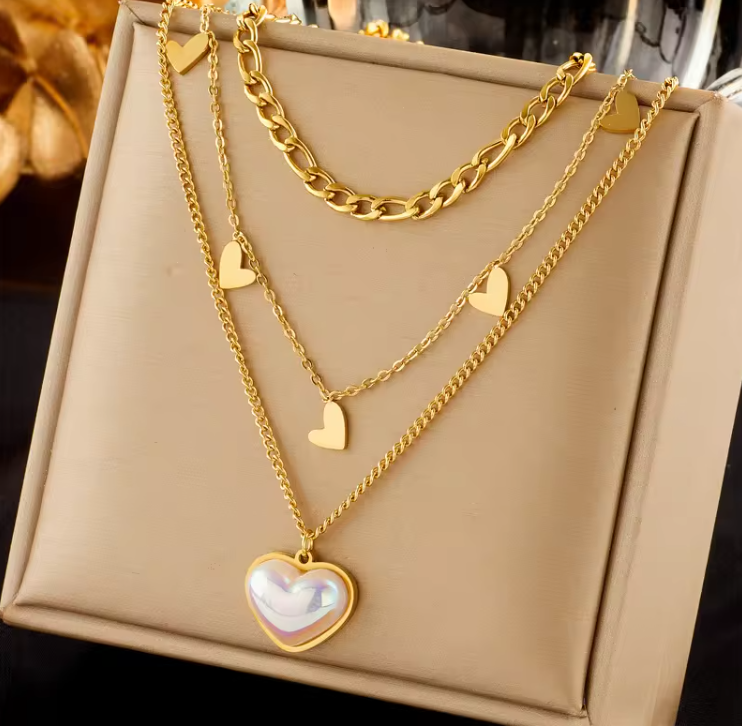 Top Quality Dainty Stainless Steel 18k Gold Pearl Layered Heart Butterfly Pendant Necklace Women Multilayer Locket Necklace Gift